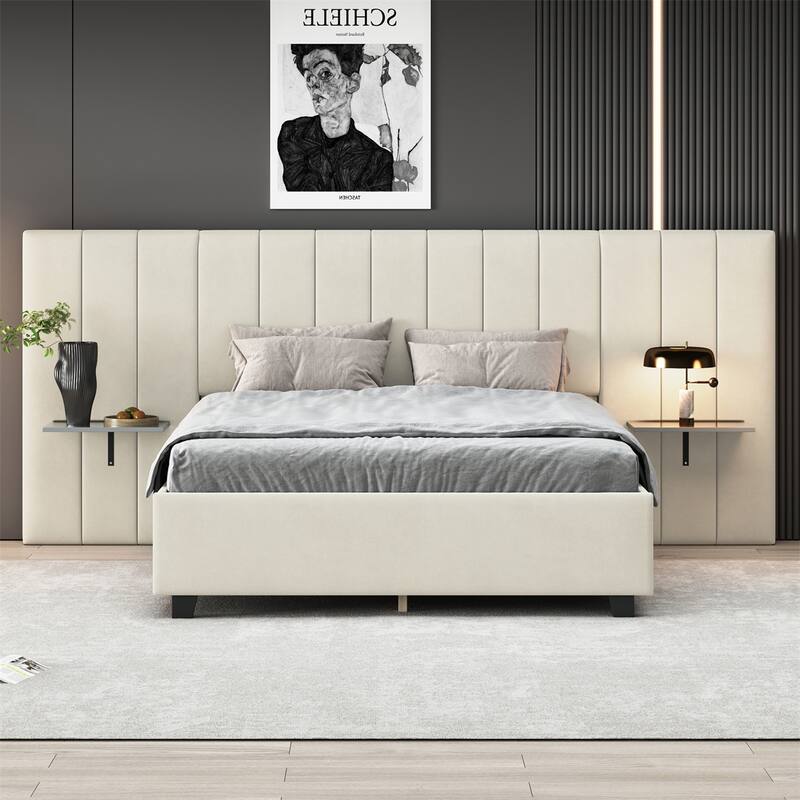 Queen Size Upholstered Platform Bed with Big Headboard, Velvet