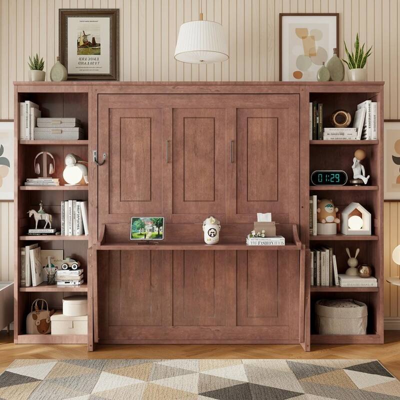 Murphy Bed with Built-In Desk and Bookshelf by Harper&Bright Designs -  Dark Brown - Full