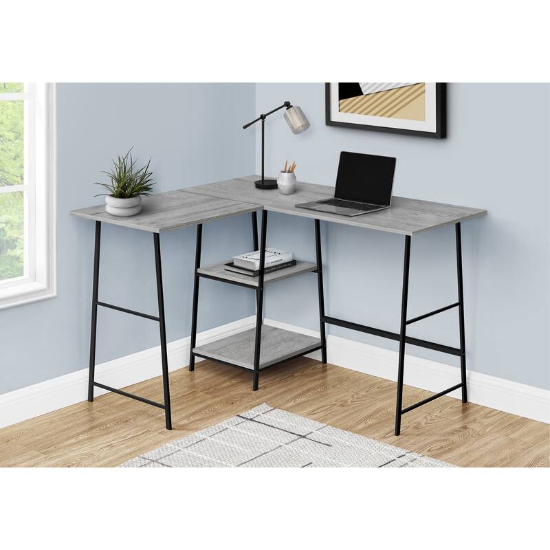Industrial Corner Computer Desk with Storage Shelves and Metal Sawhorse Legs - Grey