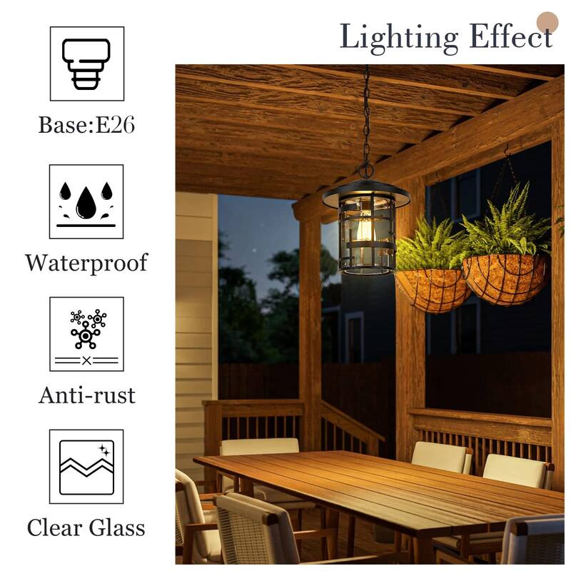 Outdoor Pendant Lighting, Exterior Ceiling Hanging Light, Black - 11" x 11" x 13.4"