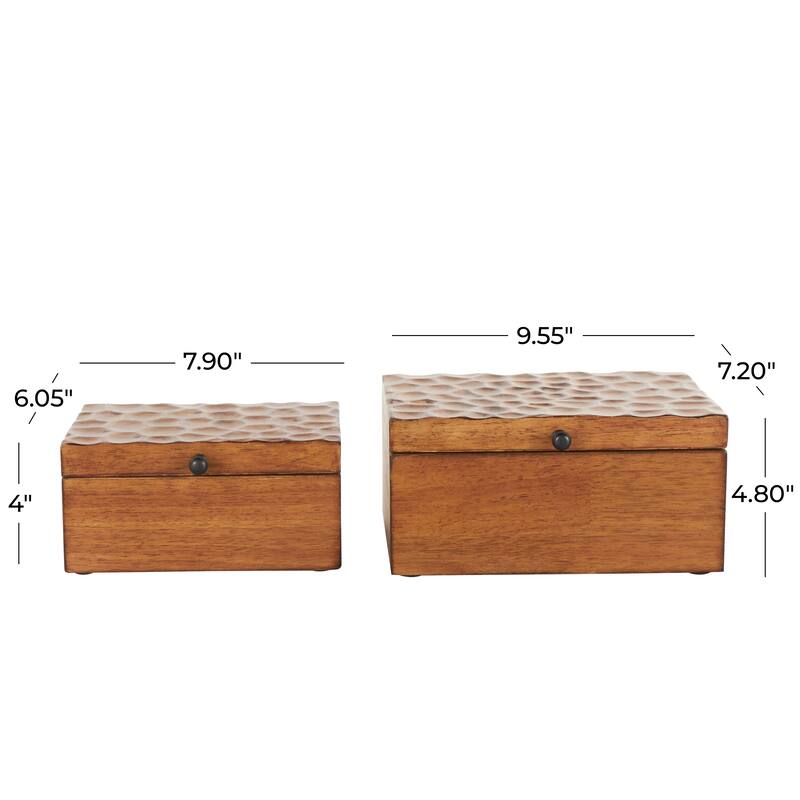 Brown Wood Textured Concave Honeycomb Storage Box with Black Knobs (Set of 2)
