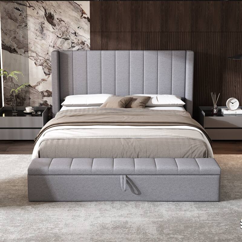 Queen Size Platform Bed with Vertical Channel Wingback Headboard - Upholstered Bed with Footboard Storage, Grey Linen Fabric Bed