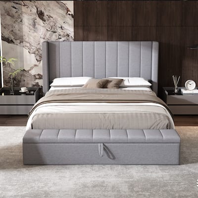 Queen Size Platform Bed with Wingback Headboard, Grey Upholstered Bed Frame with Footboard Storage Box, Low Profile Bed