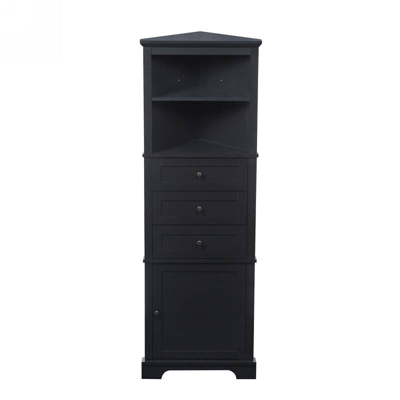 GDFStudio - Triangle Tall Corner Storage Cabinet with 3 Drawers and Adjustable Shelves for Bathroom