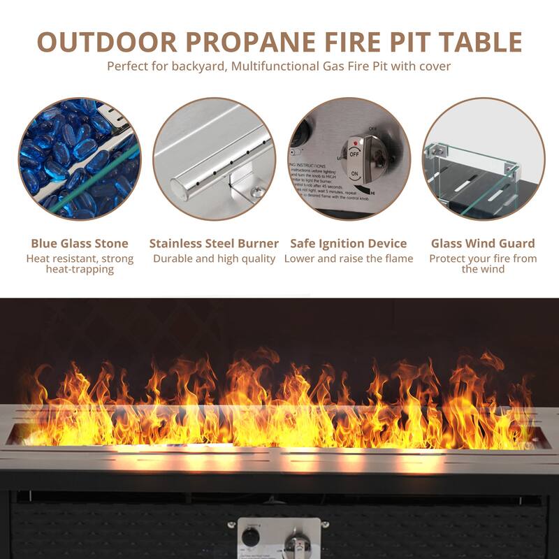 45" Outdoor Fire Pit Table, 50,000 BTU Gas Fire Table with Lid, Glass Wind Guard, Waterproof Cover