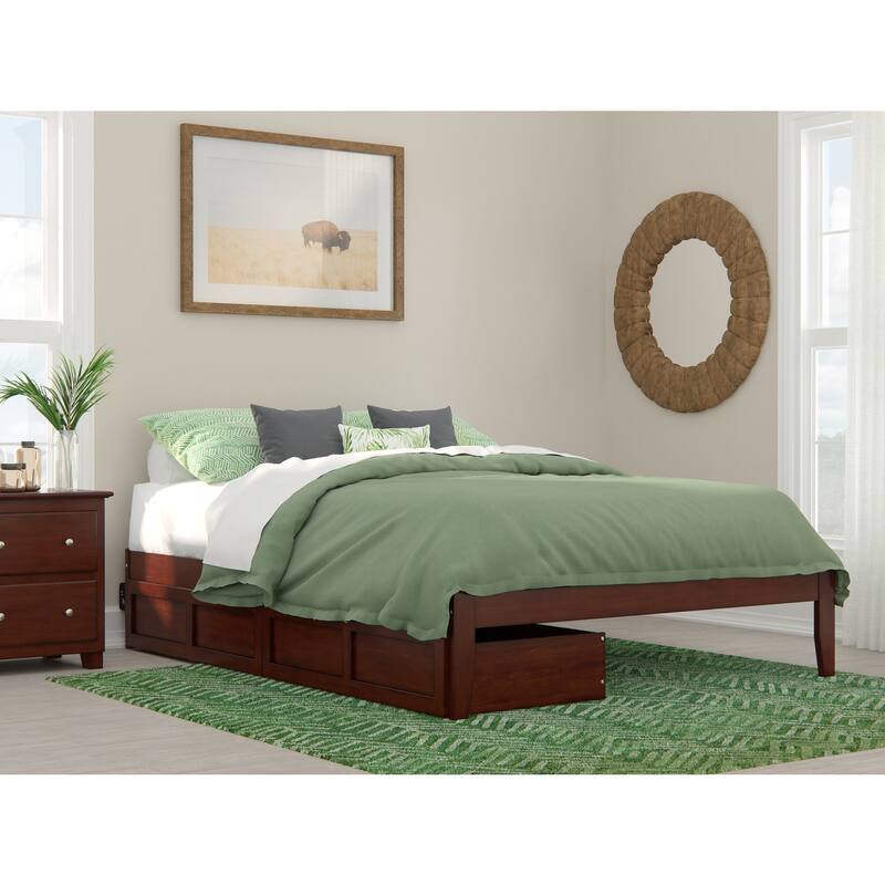 Platform Bed with USB Charger & Drawers - Walnut Finish, Modern Design
