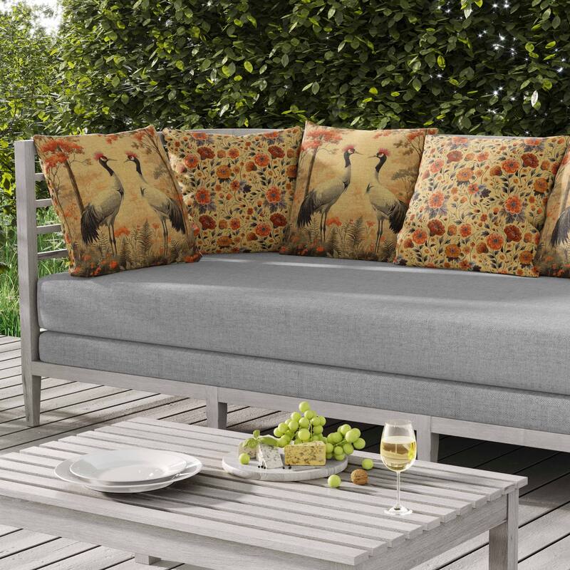 Autumnal Cranes Indoor/Outdoor Reversible Throw Pillow Beige and Gray