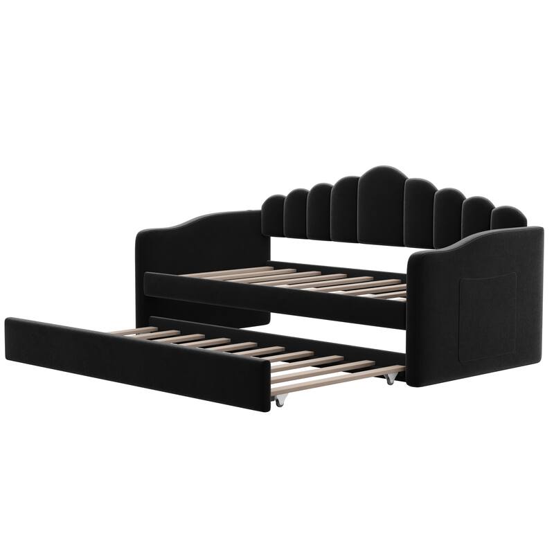 Twin size Upholstered Daybed with Trundle ,Velvet Sofabed with USB Charging Ports,No Box-spring Needed,Black