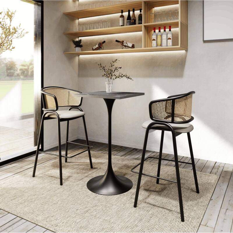 Verve 43 in. Tall Bar Height Dining Table Square MDF Wood Tabletop in White Stainless Steel Pedestal Base Accent Bar Table