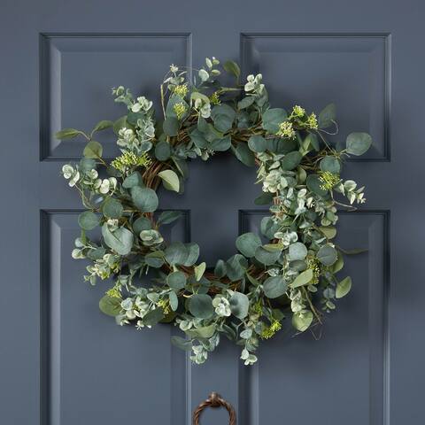 Hazlett 22" Floral Eucalyptus Artificial Wreath by Christopher Knight Home - Green