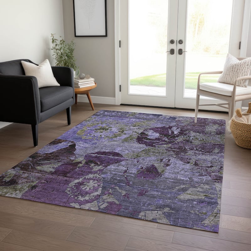 Machine Washable Indoor/ Outdoor Abstract Leaves Chantille Rug - Purple - 5' x 7'6"
