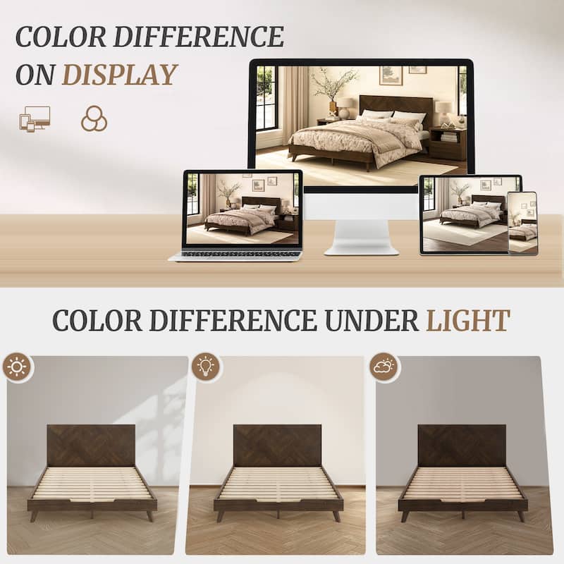 Solid Wood Panel Platform Bed with Headboard