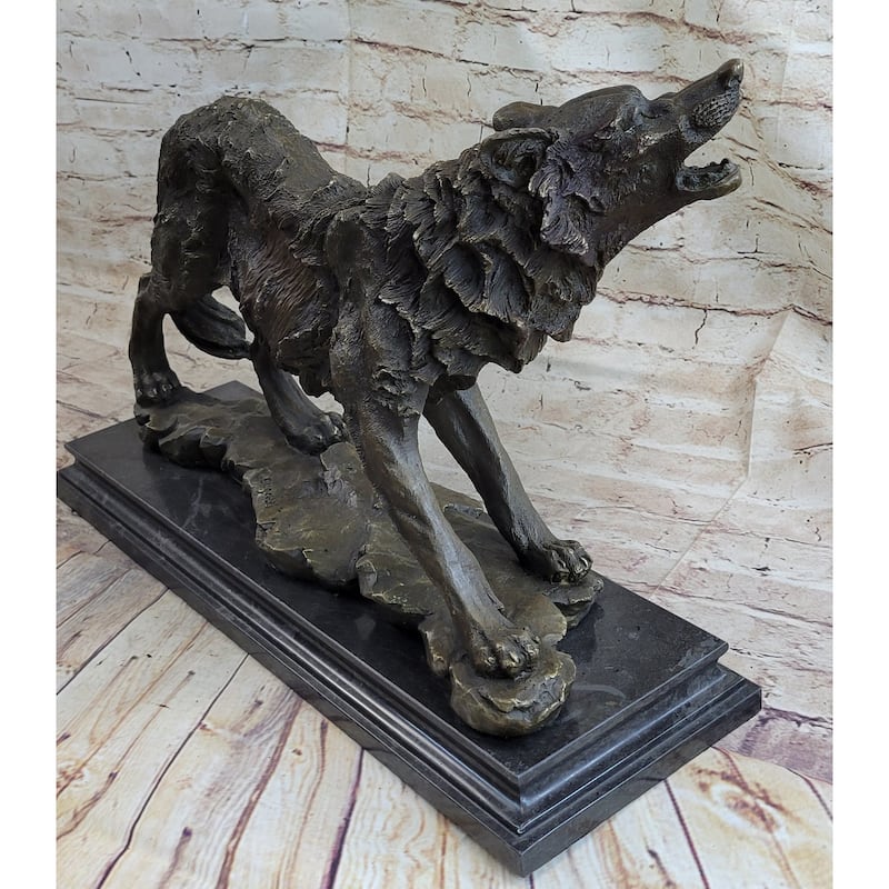 Fierce Wolf Howling Canine Bronze Sculpture Statue Art On Marble Base