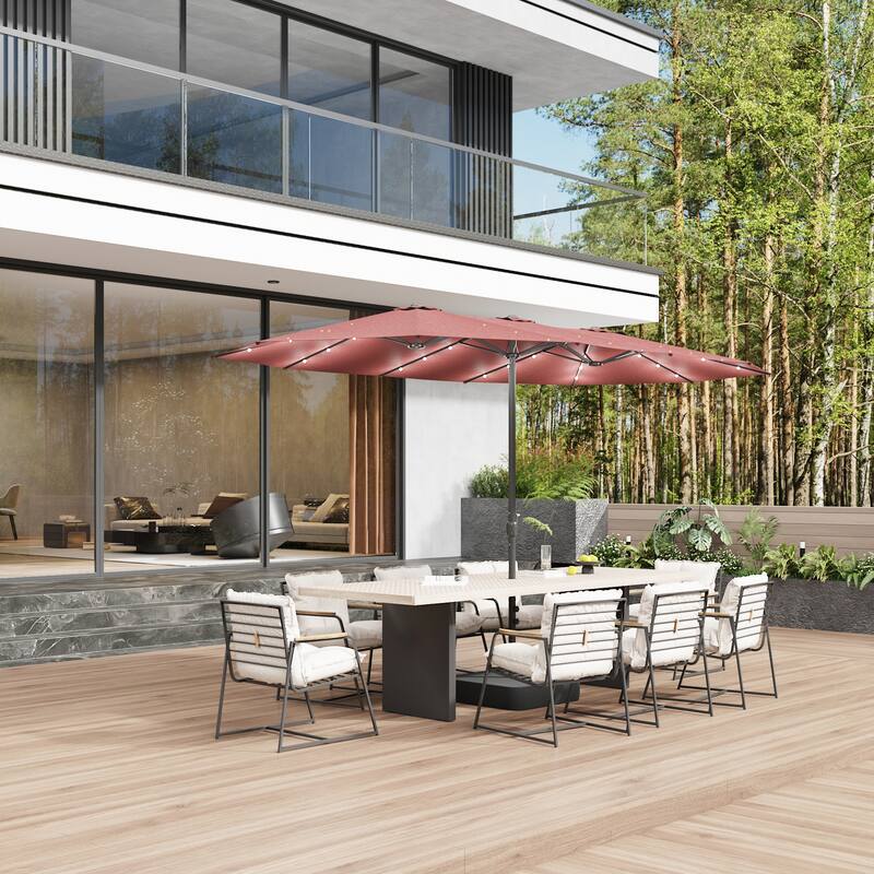 15ft Solar LED Double Patio Umbrella with Base, Extra Large Twin Outdoor Market Umbrella with 36 Lights, 180g Polyester Canopy