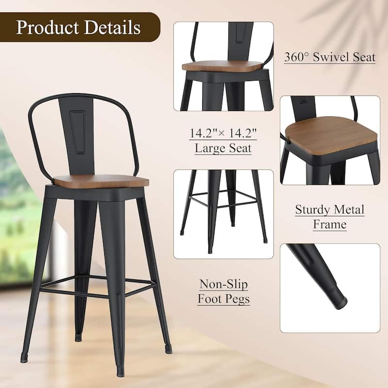 Swivel Counter Stools with Metal Frame Farmhouse Counter Chairs with High Back 24" Kitchen Bar Furniture Stools with Wooden Seat