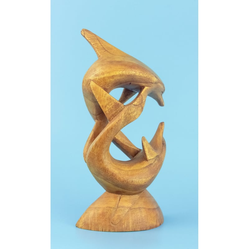Wooden Hand Carved Dolphins Statue Sculpture Wood Decorative Home Decor Accent Figurine Handcrafted Handmade Seaside Tropical