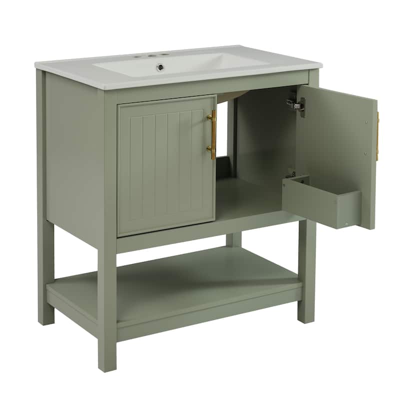 30" Green Bathroom Vanity with Ceramic Sink and Versatile Storage - Ideal for Small Bathrooms