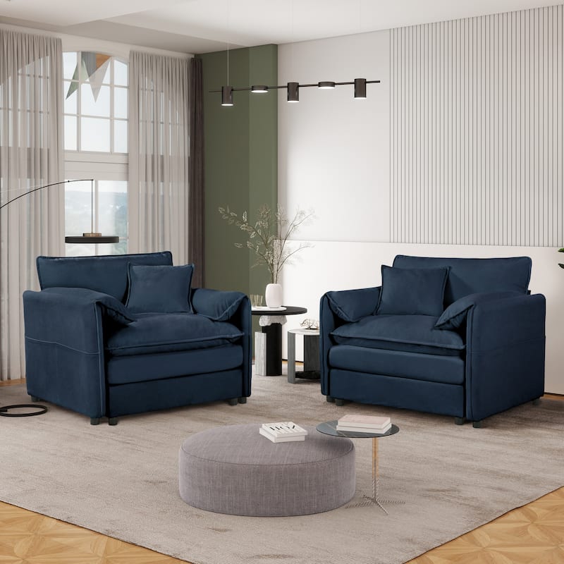 Oversized Chenille Single Sofa Chair, Upholstered Armchair Deep Seat Accent Chair Modular Couch, Lounge Chair & Ottoman Set - Blue - 2-Piece
