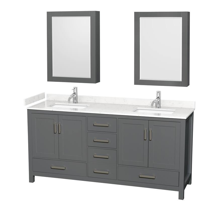 Wyndham Collection Sheffield 72" Double Bathroom Vanity, Carrara - Dark Gray / Carrara Cultured Marble Top / Brushed
