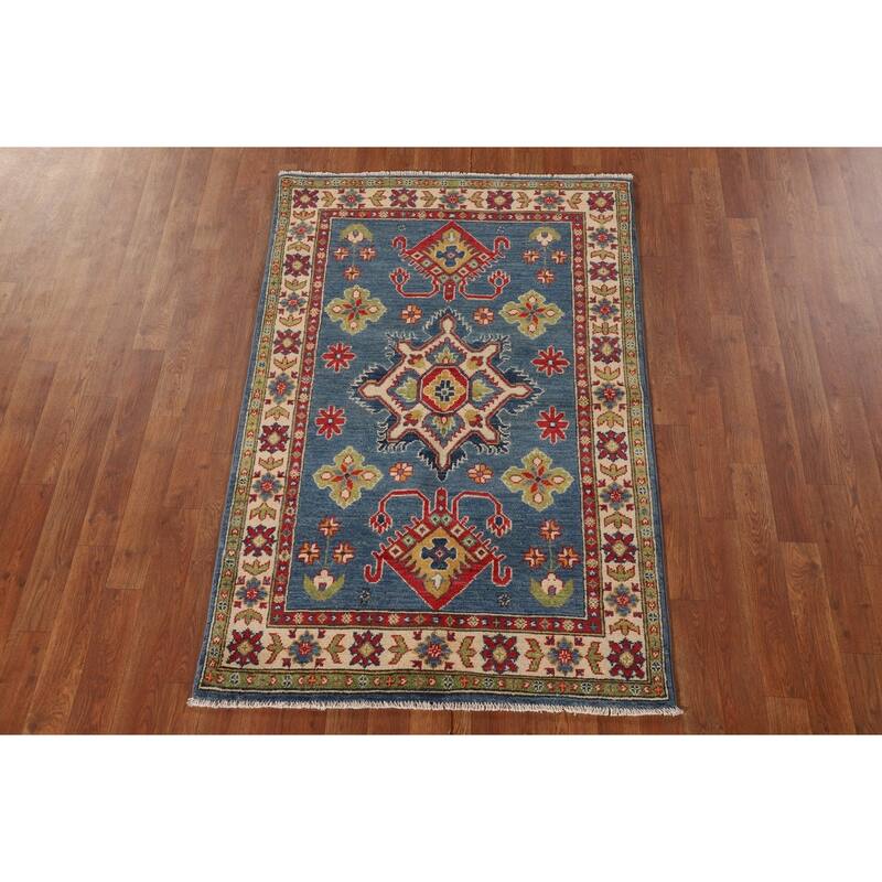 Traditional Blue Kazak Oriental Accent Rug Hand-Knotted Wool Carpet - 3'3"x 5'0"