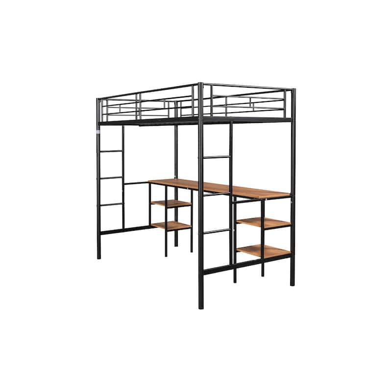 Sturdy Twin Loft Bed with Table, Shelves & 2 Ladders, Metal Frame, Guardrail