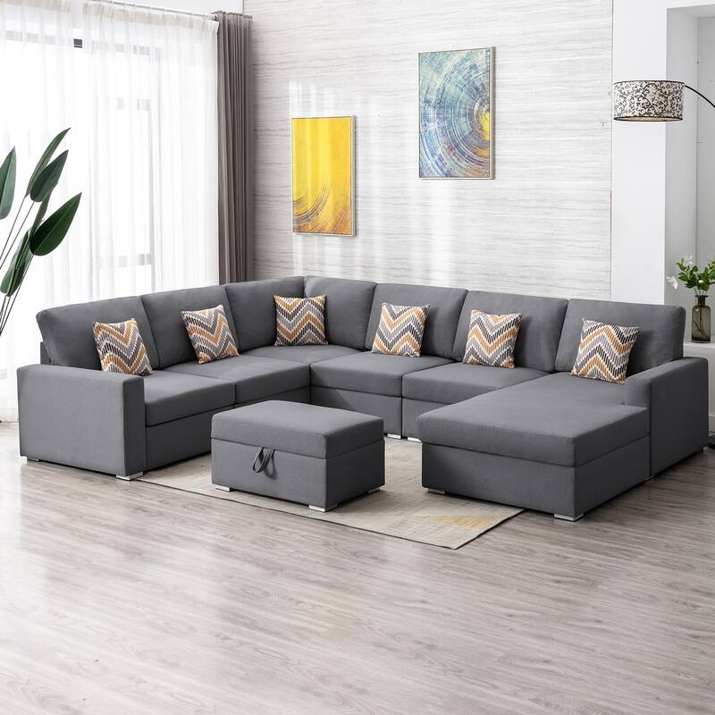 Linen Fabric 7 Piece Reversible Chaise Sectional Sofa with Interchangeable Legs, 7 Pillows and Storage Ottoman