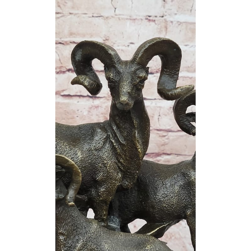 Trio Of Mountain Rams Bronze Sculpture On Marble Base For Rustic Wildlife Decor