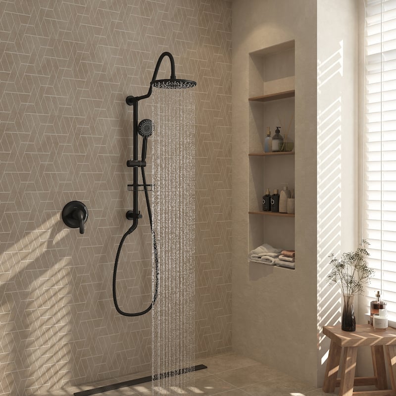 3-Spray Patterns 10 in Wall Mount Dual Shower Heads with Soap Dish and Rough-in Valve