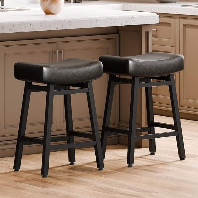 XINMICS 24 Inches Bar Stools, Saddle Kitchen Stools with PU Leather Cushion Counter Height Barstools for Kitchen Dining Cafe - Set of 2 - Black