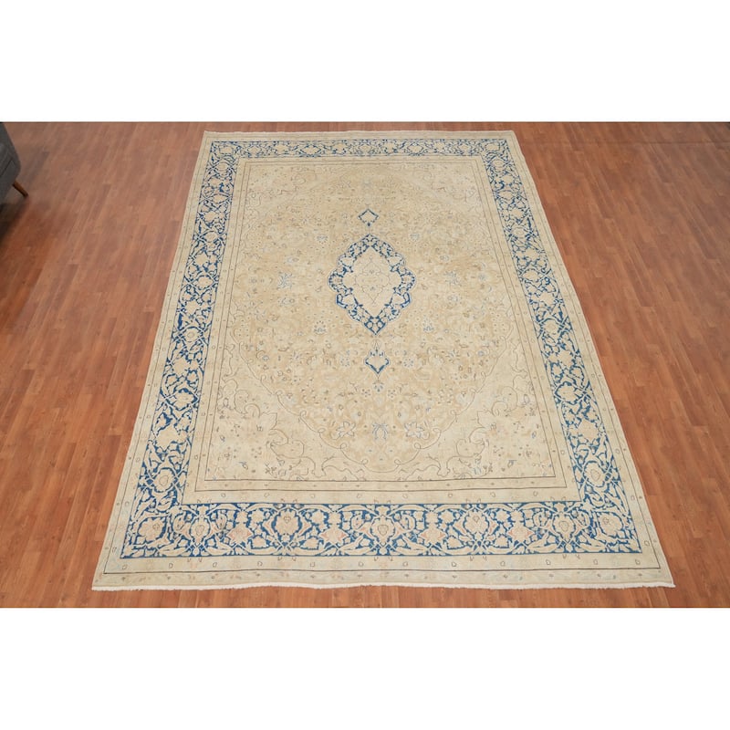 Hand Knotted Oriental 100% Wool Carpet Traditional Floral Beige & Ivories Kerman Area Rug - 13' 9'' X 9' 7''