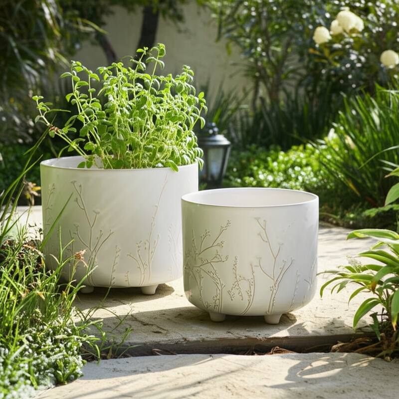 Stoneware Ceramic Planter Raised Botanical Relief Design Tripod Base - 11" x 11" x 9"