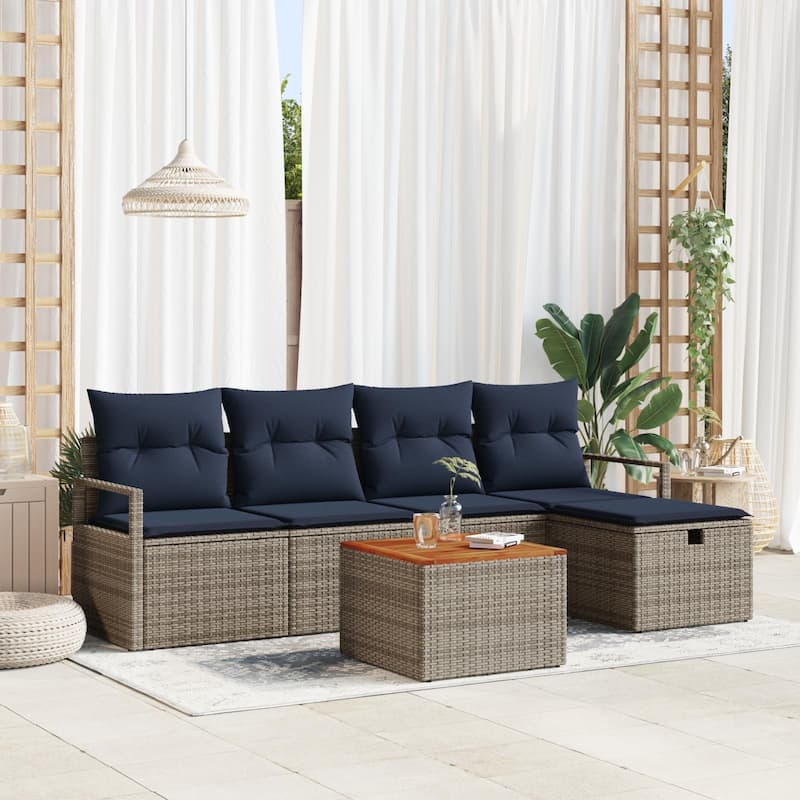 vidaXL 6 Garden Sofa Set with Cushions Black/Grey Poly Rattan - 90.6 x 46.1 x 27.2 - Grey