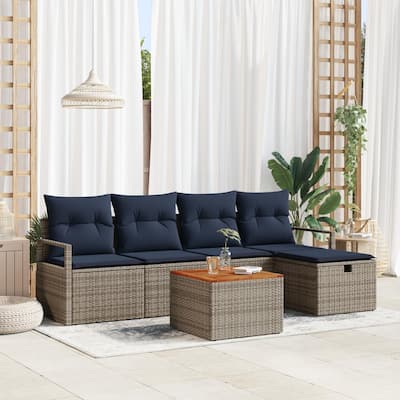 vidaXL 6 Garden Sofa Set with Cushions Black/Grey Poly Rattan - 90.6 x 46.1 x 27.2