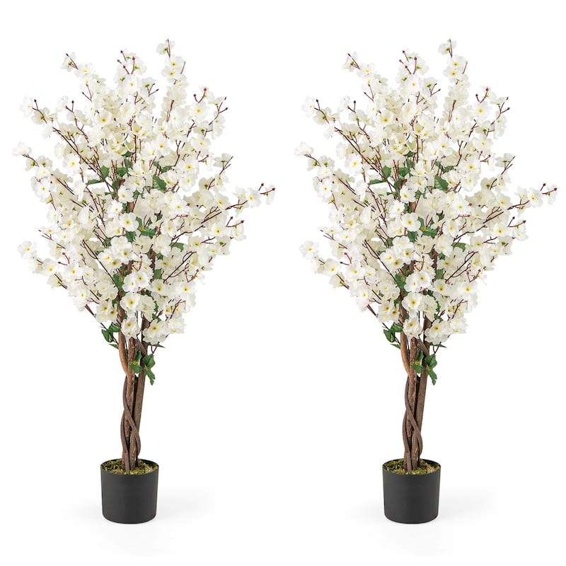 Gymax 2PCS 47'' Artificial Winter Sweet Tree Faux Plum Blossom Plant - White