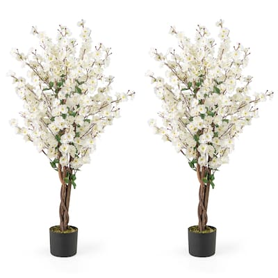 Gymax 2PCS 47'' Artificial Winter Sweet Tree Faux Plum Blossom Plant