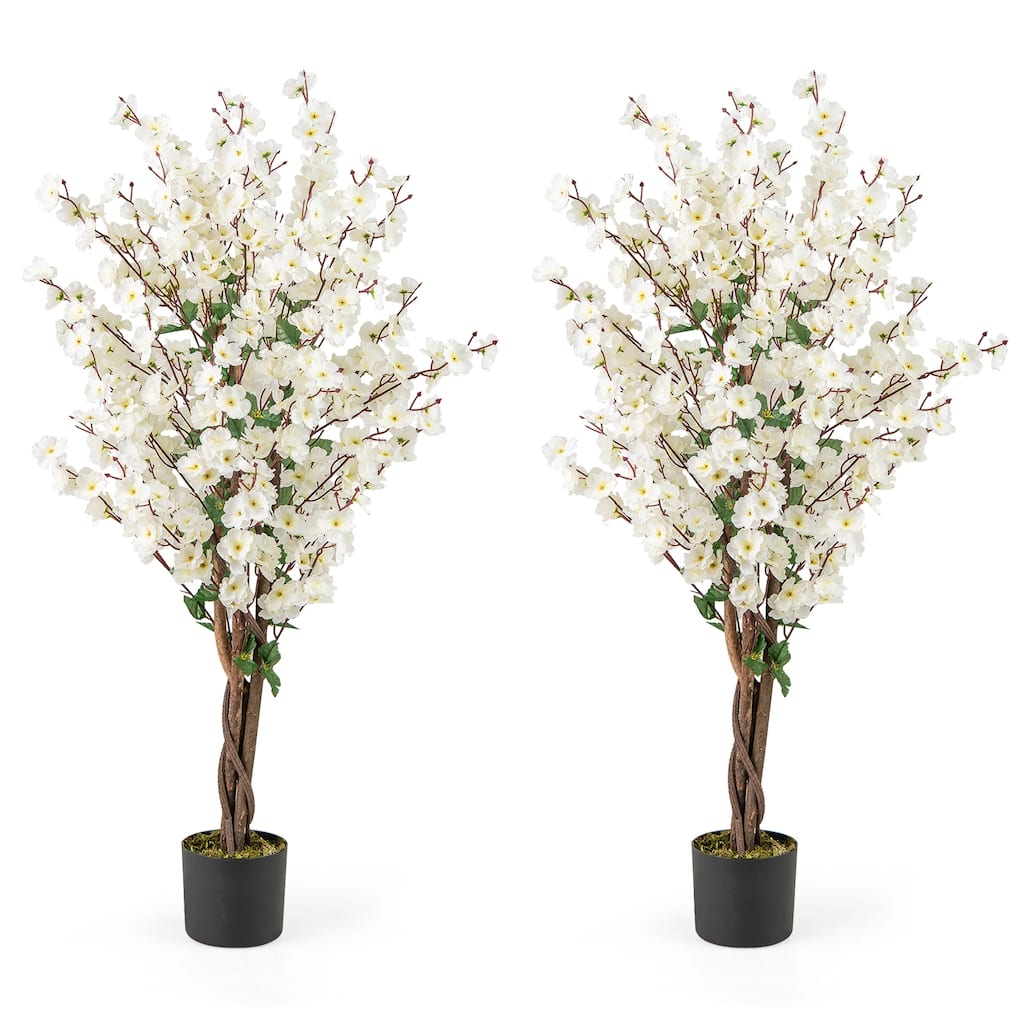 Gymax 2PCS 47'' Artificial Winter Sweet Tree Faux Plum Blossom Plant