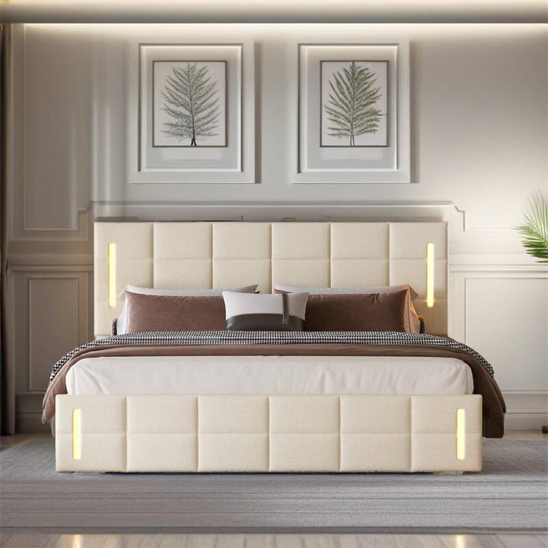 Queen Size Upholstered Bed with Hydraulic Storage System and LED Light - Beige