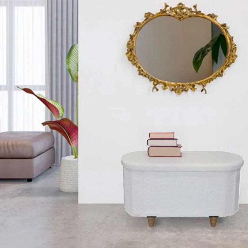 Ivory Boucle Storage Ottoman Bench with Hidden Storage and Seat Top
