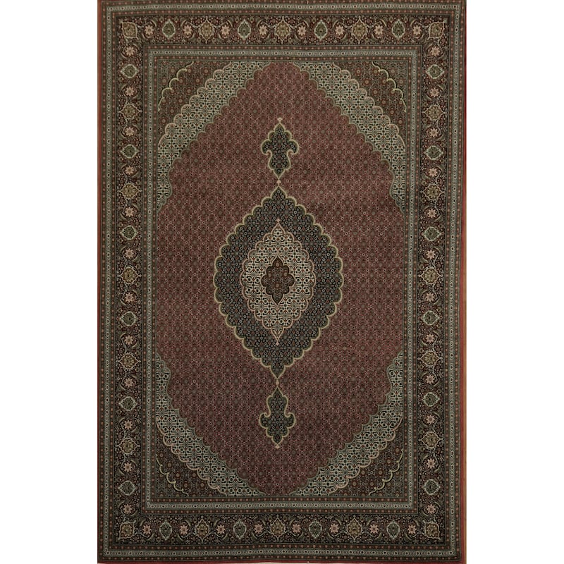 Hand Knotted Oriental Wool & Silk Carpet Traditional Geometric Red Tabriz-Mahi Area Rug - 10' 2'' X 6' 8''