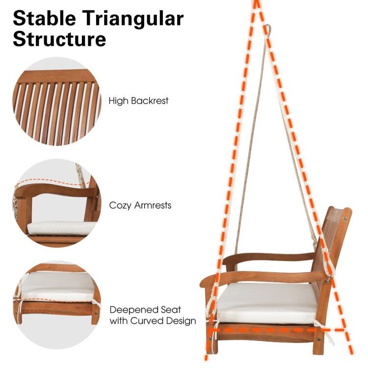 2-Person Hanging Porch Swing Wood Bench with Cushion Curved Back - 54.5" x 24.5" x 23.5"(L x W x H)