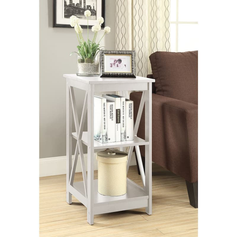 End Table with Three Open Shelves and X Frame Sides, Transitional Storage Accent Side Table for Display and Home Essentials
