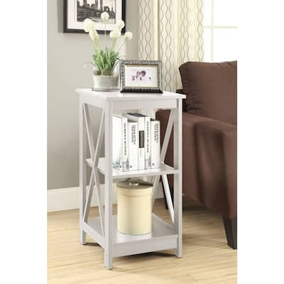 End Table with Three Open Shelves and X Frame Sides, Transitional Storage Accent Side Table for Display and Home Essentials