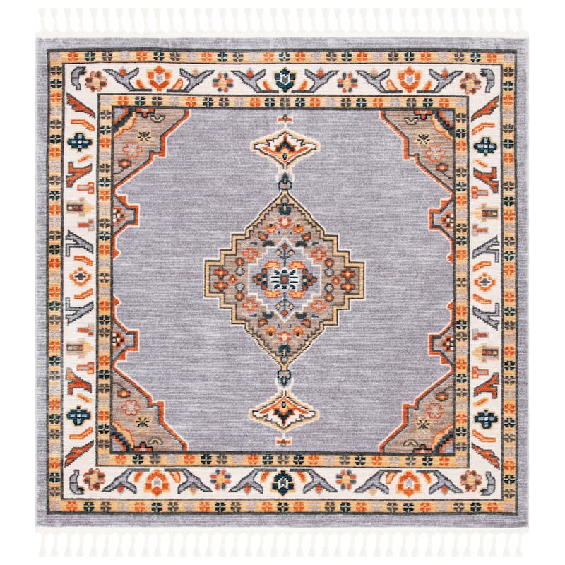 SAFAVIEH Farmhouse Rozana Boho Tribal Polyester Rug - 6'3" Square - Grey/Orange