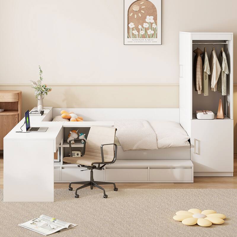 Full Size Wooden Platform Bed With 6 Drawers, Shelves, Desk And Wardrobe