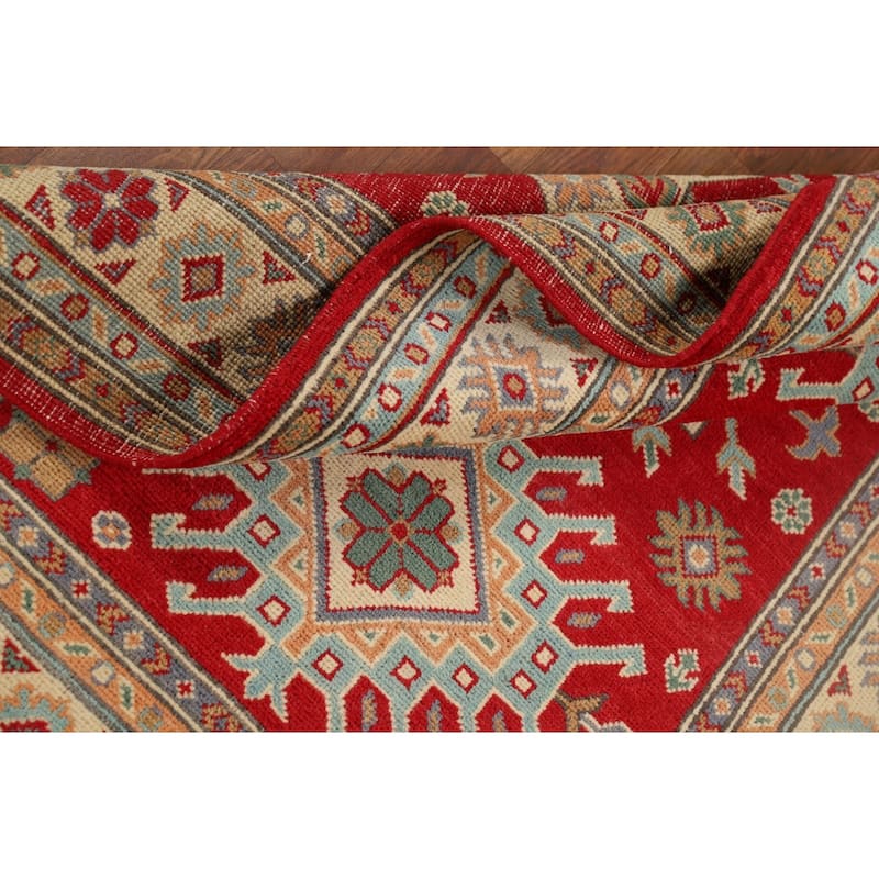 Kazak Accent Rug Handmade Geometric Red Wool Carpet - 3'5" x 4'11"