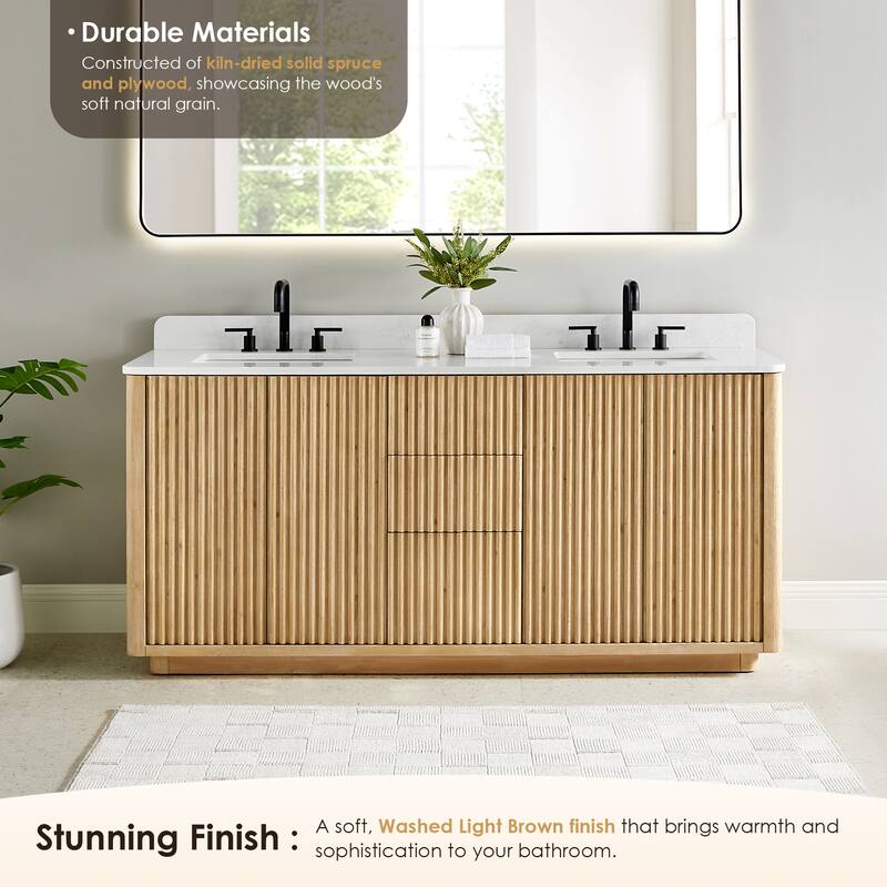 Clayton Bathroom Vanity in Washed Light Brown with Grain White Engineered Stone Countertop with Mirror