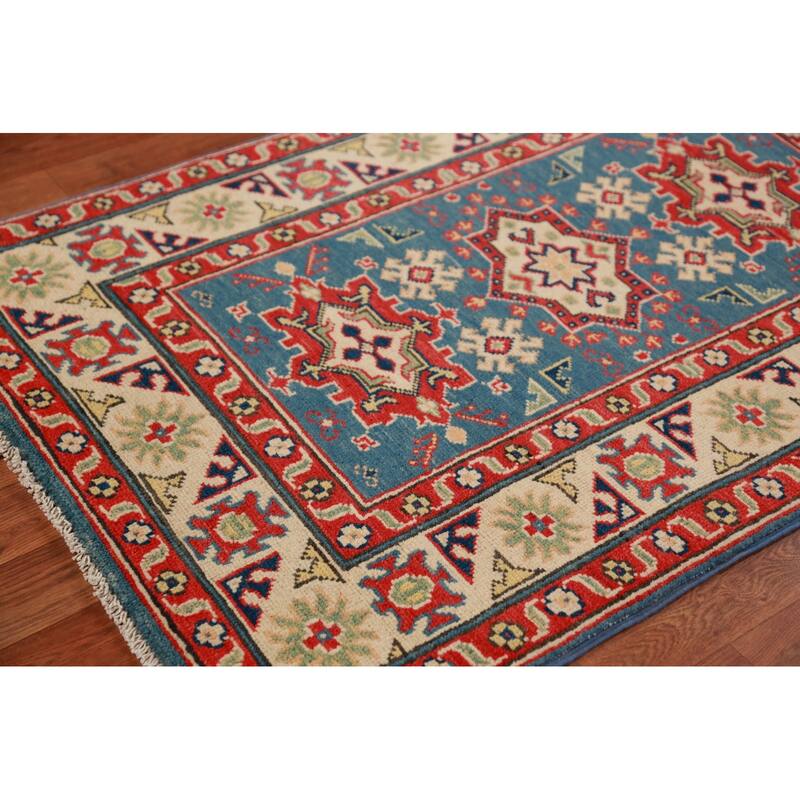 Blue Kazak Foyer Rug Geometric Hand-Knotted Wool Carpet - 2'7"x 4'0"