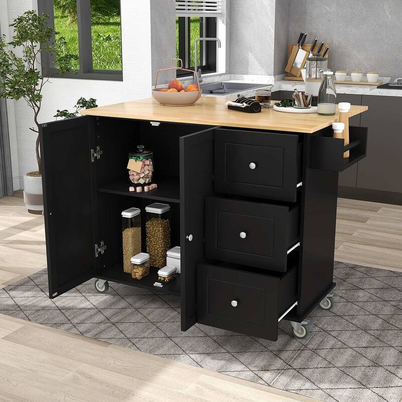 Rolling Mobile Kitchen Island with Wheels Drop Leaf, Solid Wood Top - Black