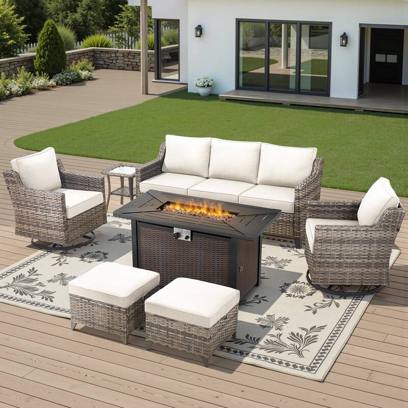 Glissia 7-Piece Gray Wicker Fire Pit Conversation Set with Wicker fire pit