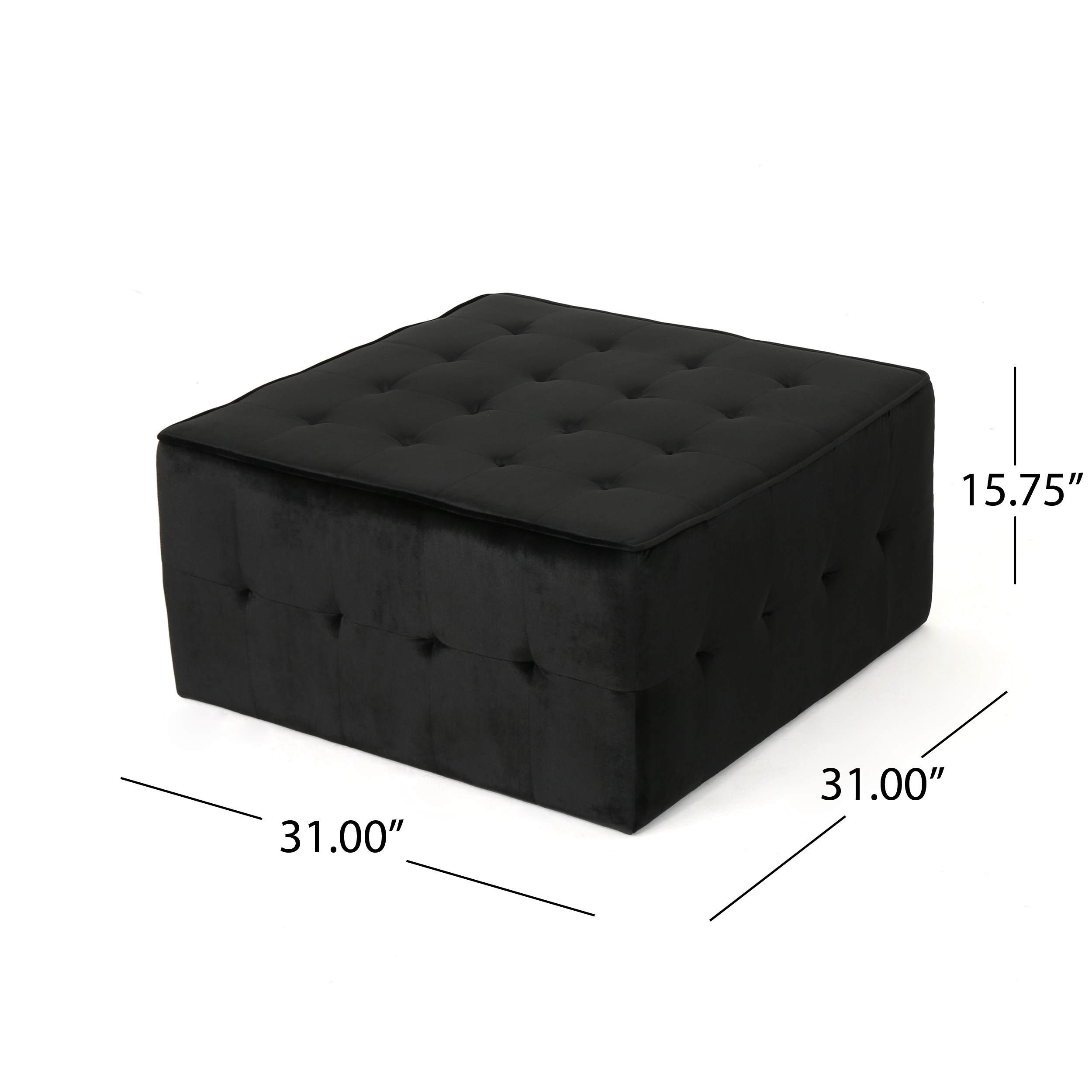 Soft Velvet Square Ottoman Tufted Design 31 x 31 for Extra Seating or Footrest No Assembly Required Black